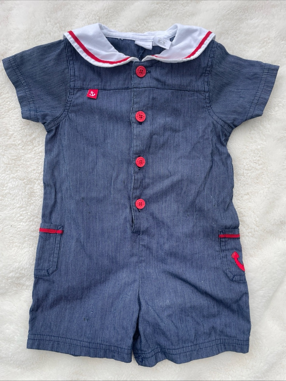 Parisian Works Navy and Red Sailor-Style Kids Romper